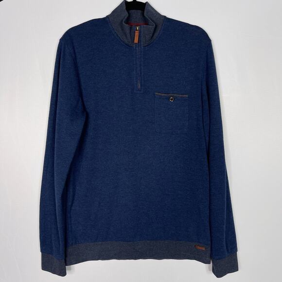 Ted Baker Mens 3 M Navy Blue Bevyhil Quarter Zip Pullover Sweater Cotton Leather - Picture 1 of 9